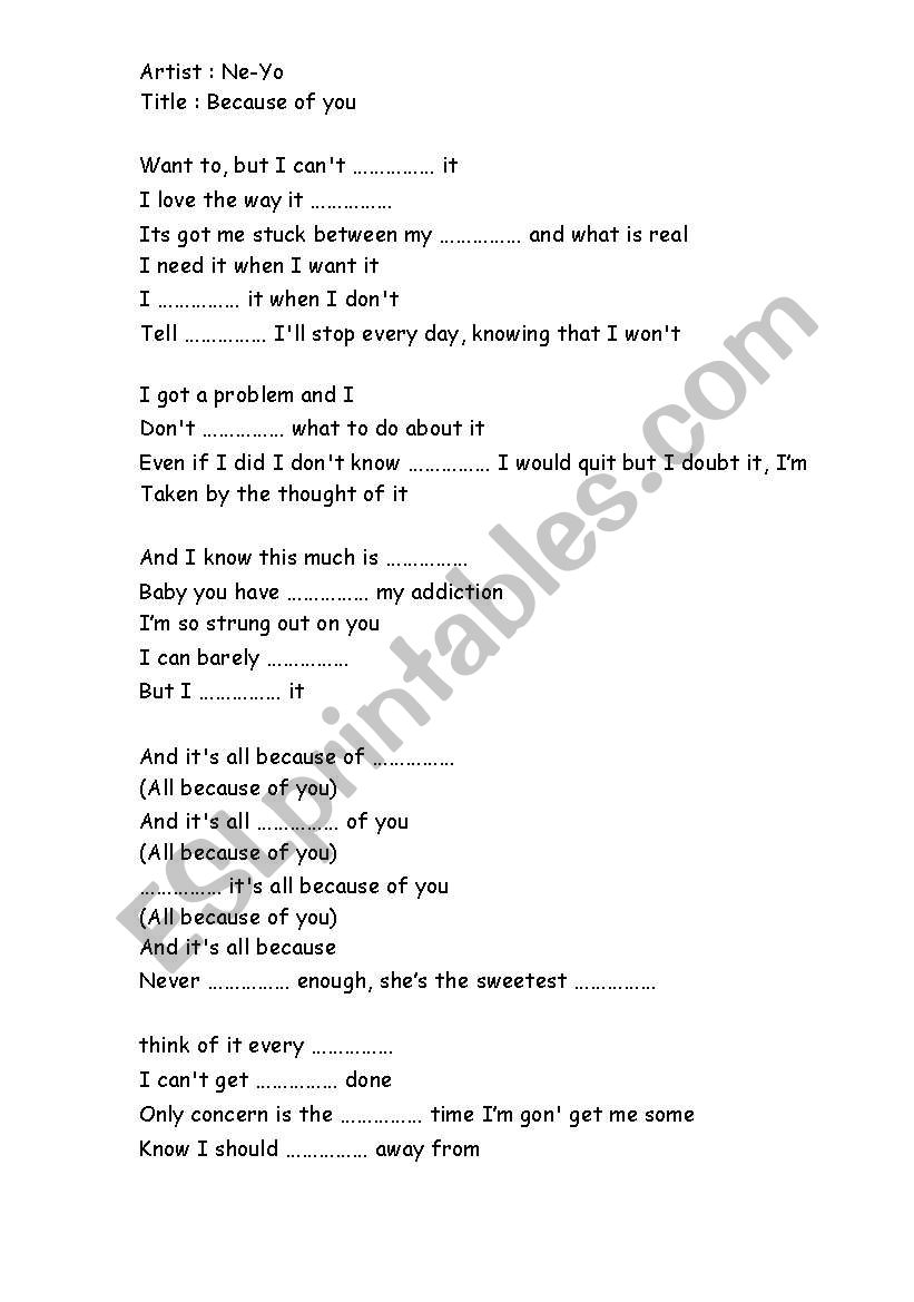 Because of you - Ne-Yo worksheet