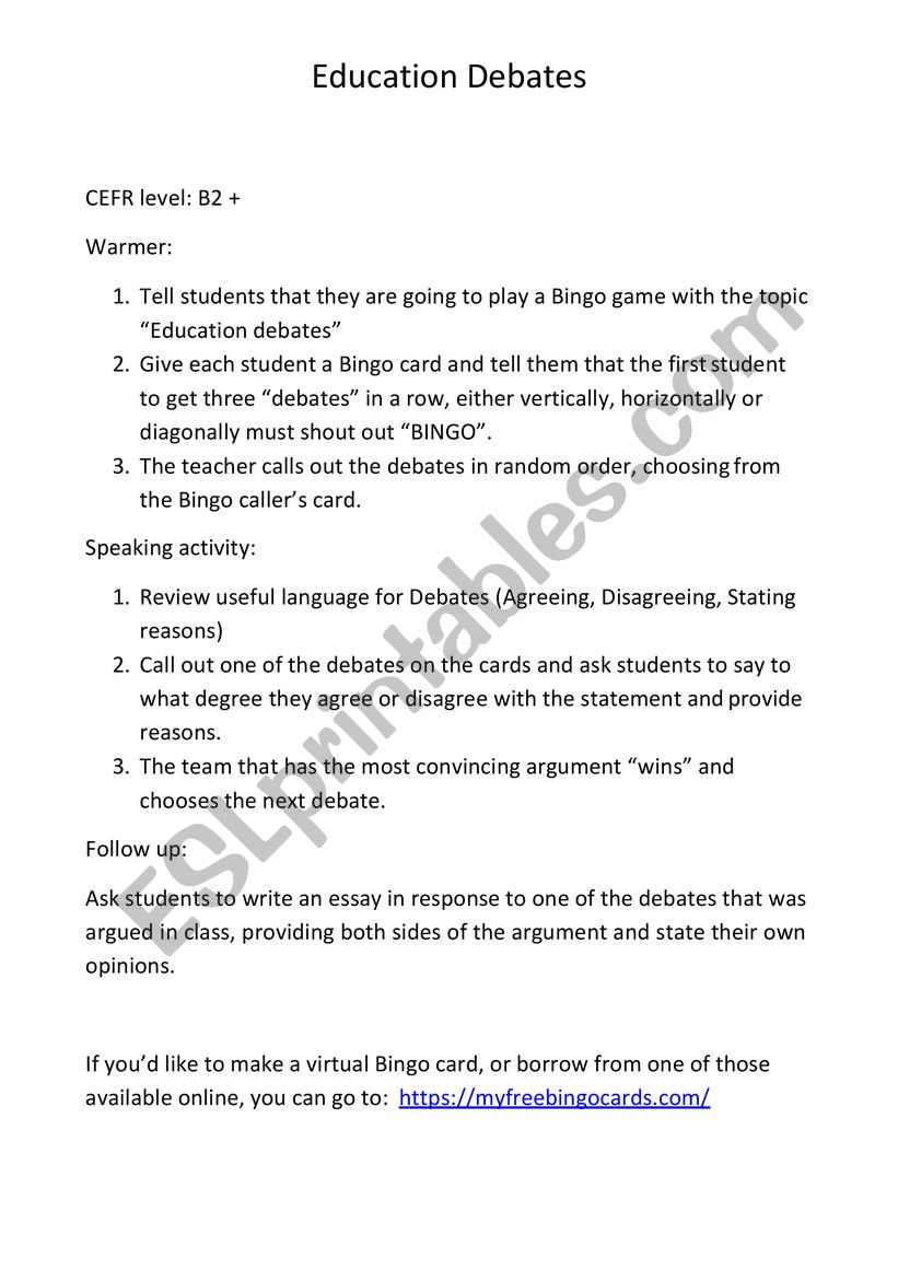 Education debates with Bingo warmer
