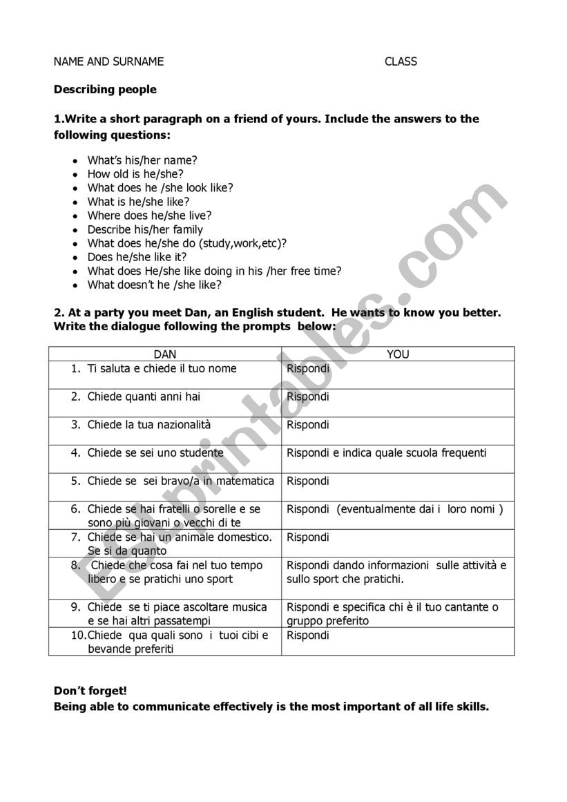 Communication test worksheet