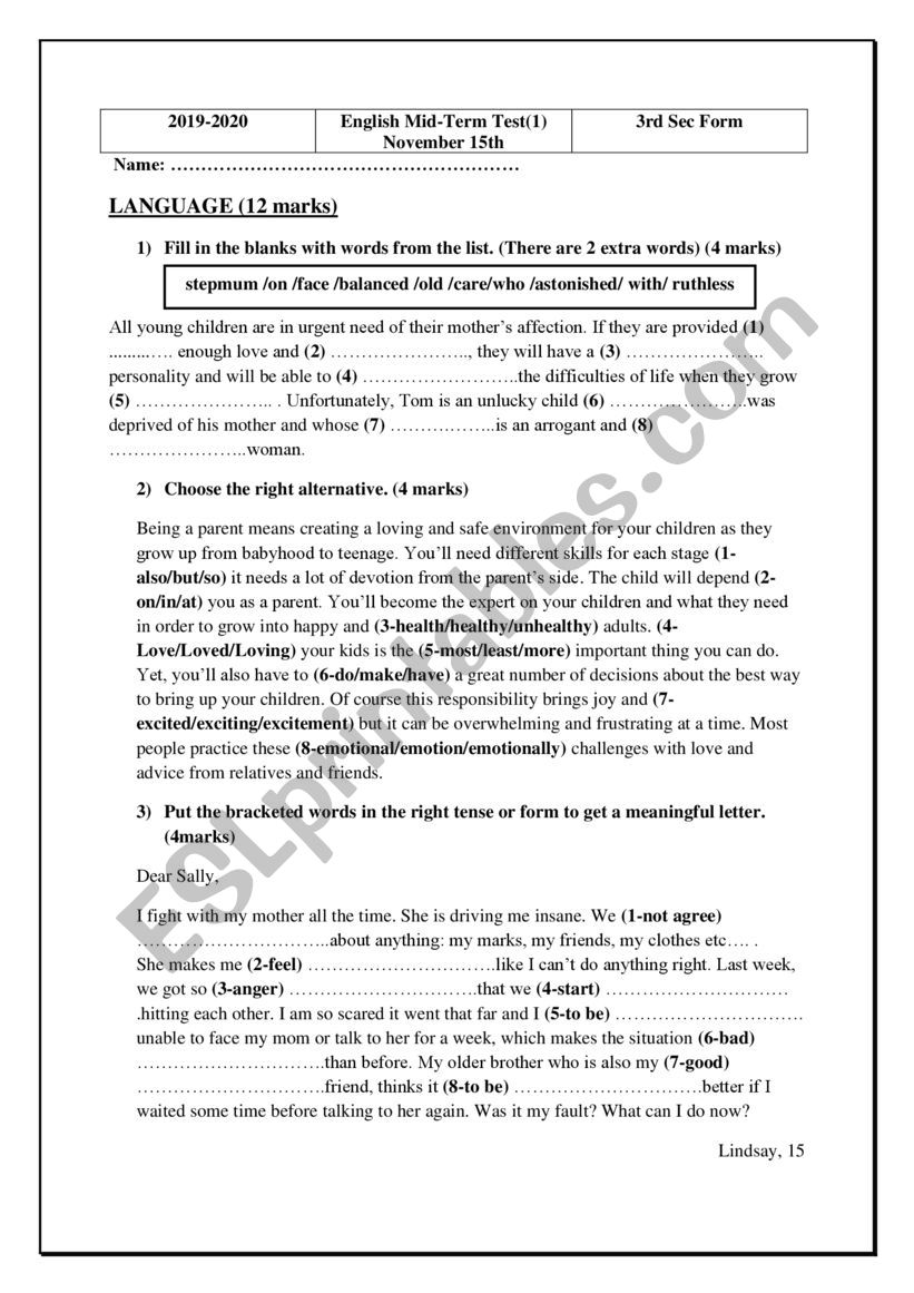 mid term test 1 3rd forms worksheet