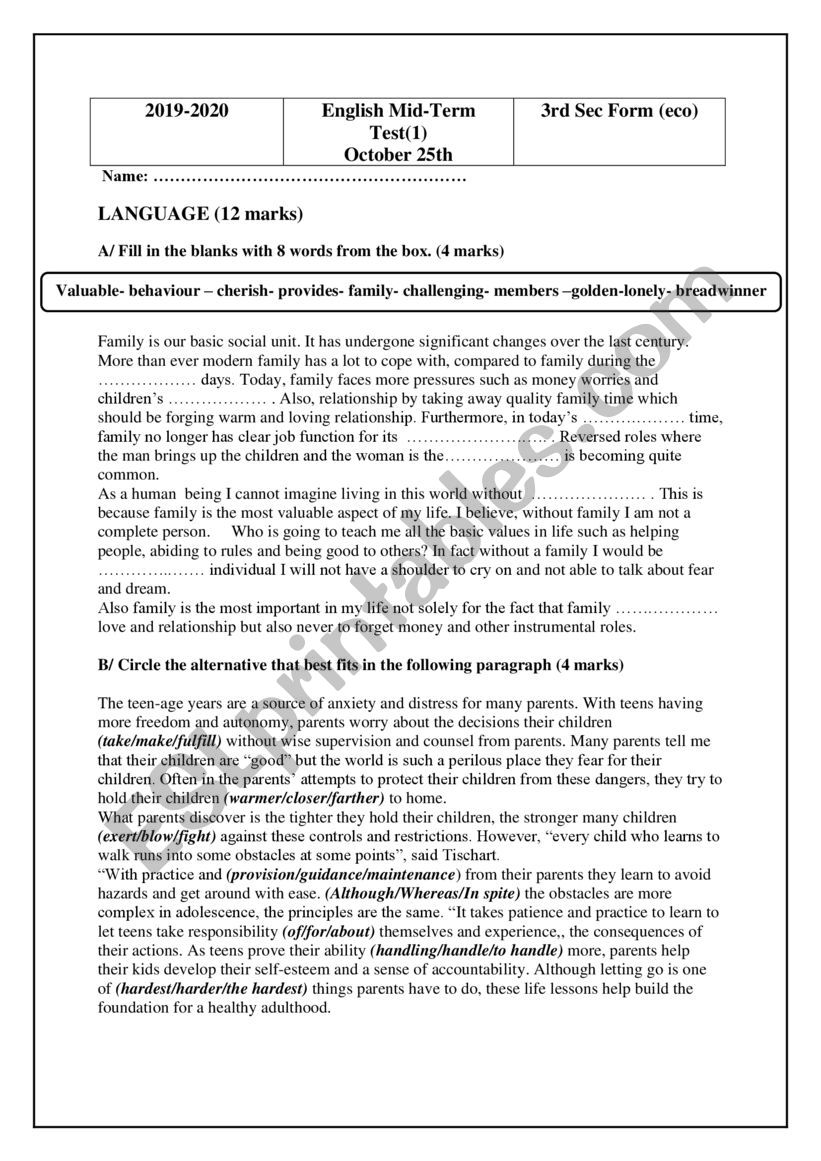 Mid-Term Test 1 3rd forms worksheet