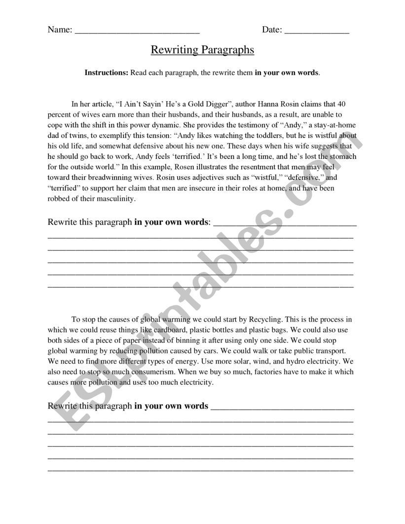 Rewriting Paragraphs Worksheet - ESL worksheet by jhun201705