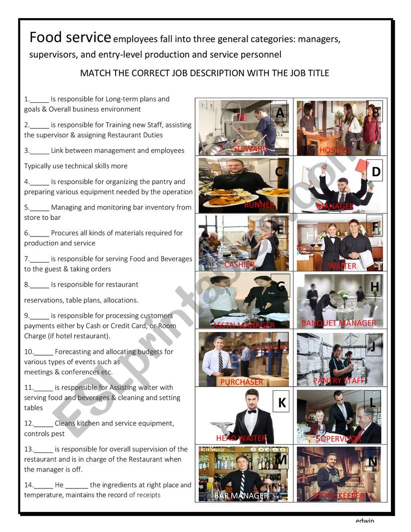 Hospitality Job Description ESL Worksheet By Bambermoran