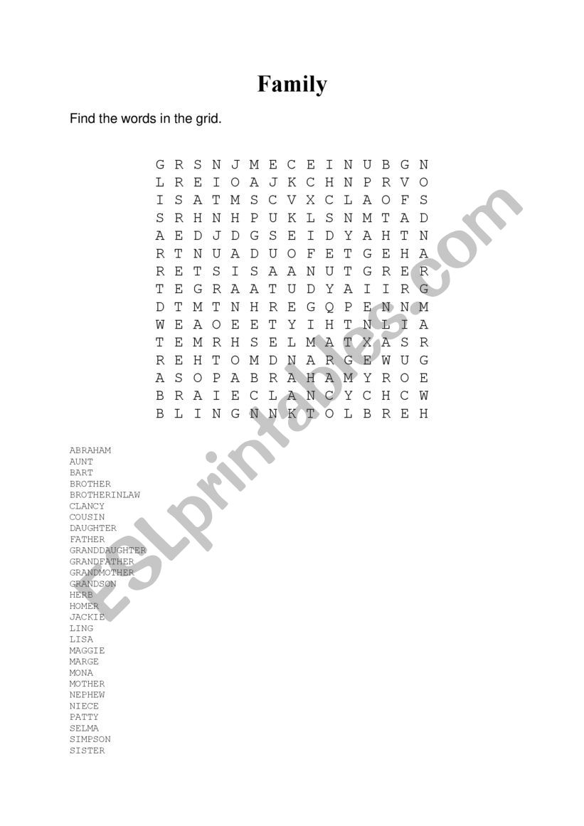 Family wordsearch worksheet