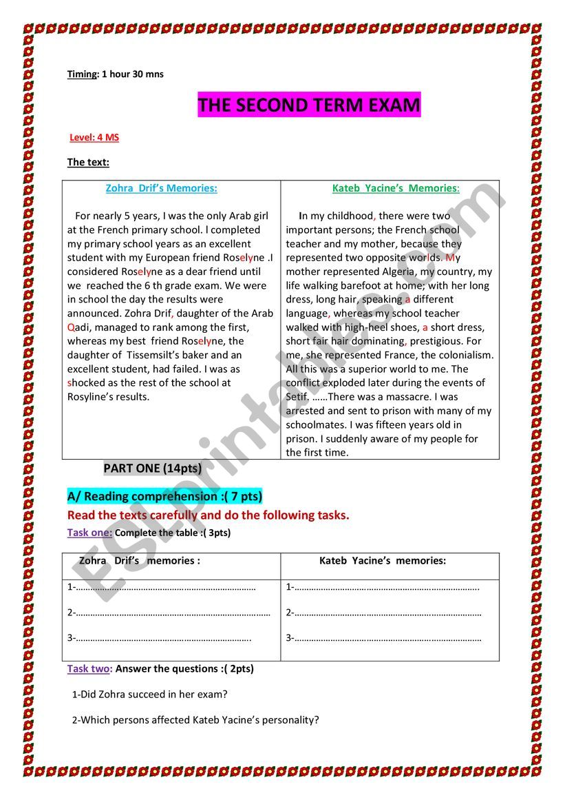 Memories worksheet