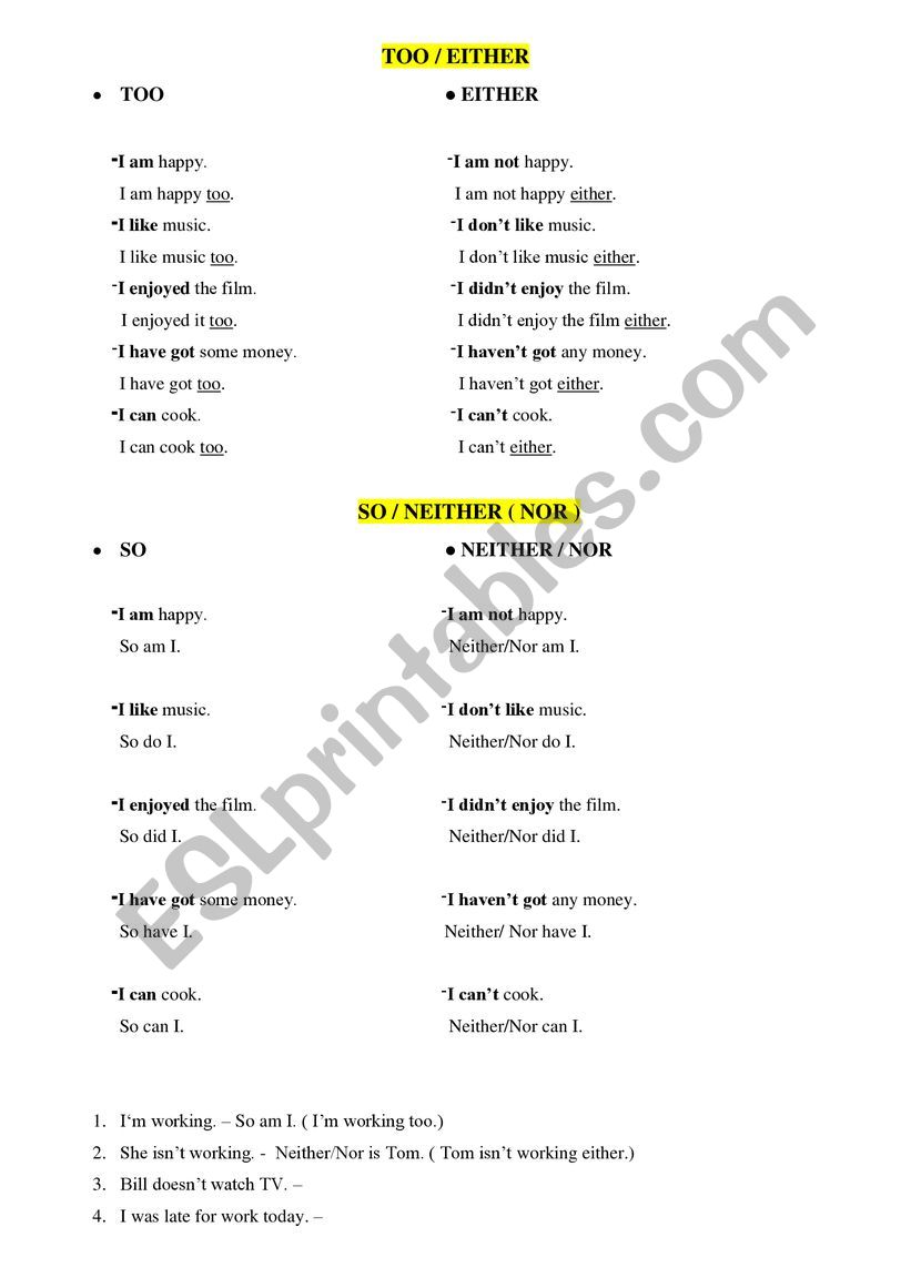 TOO/EITHER/SO/NOR(NEITHER) worksheet