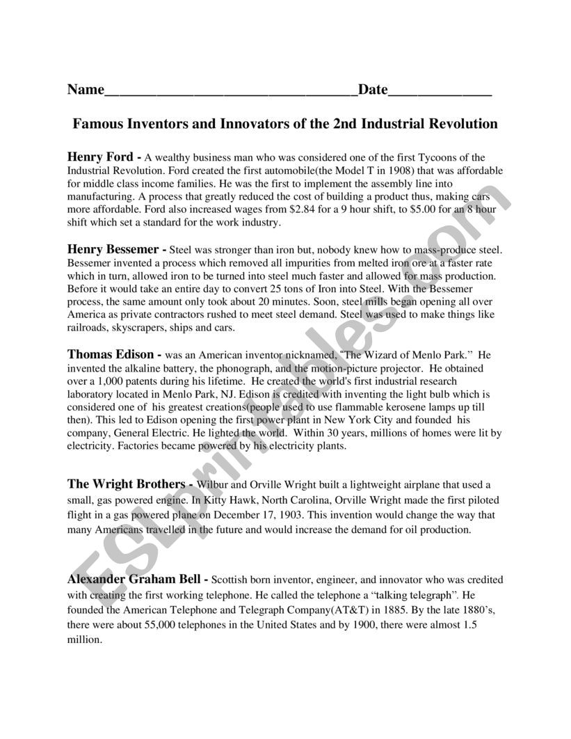 famous Inventors of the second industrial revolution worksheet 