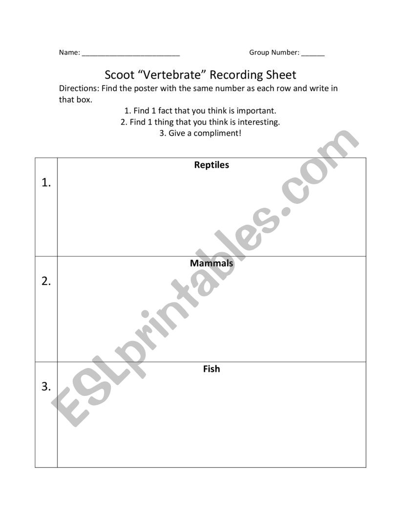 Vertebrate Scoot worksheet