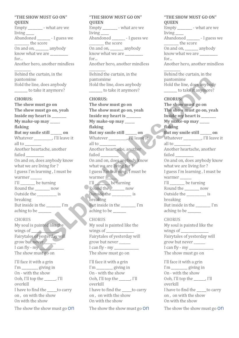 The Show must go on - Queen worksheet