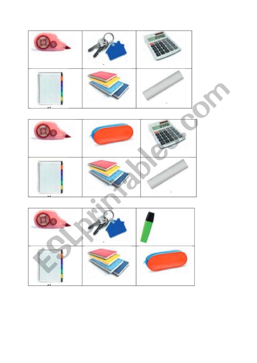 School things Bingo game worksheet