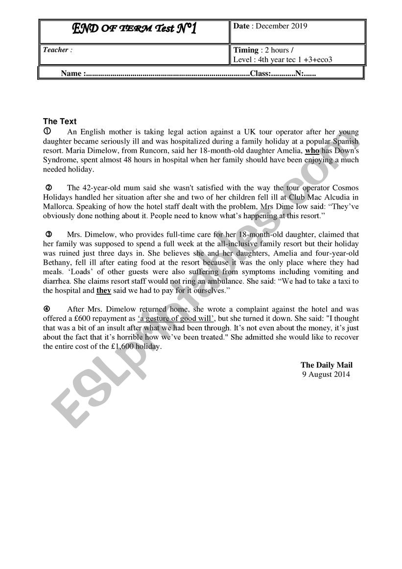 end term test 4th form worksheet