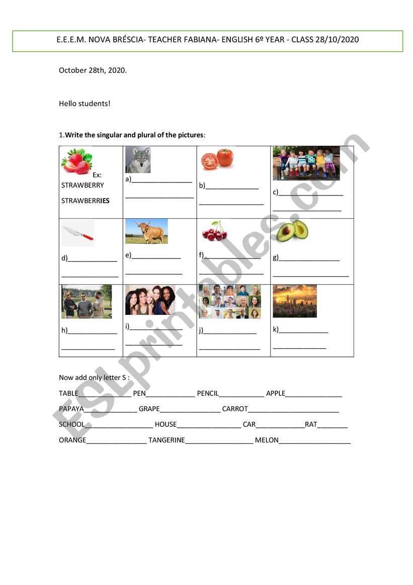 Plural of nouns worksheet