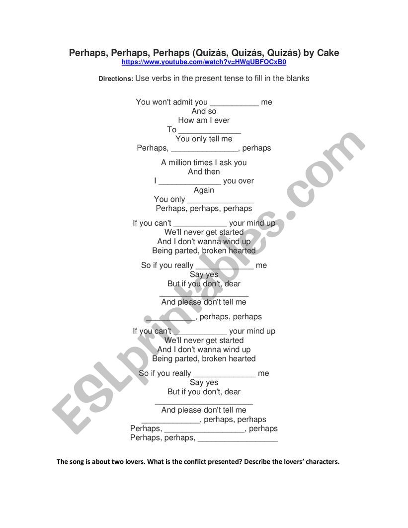 Song by Cake: Perhaps worksheet