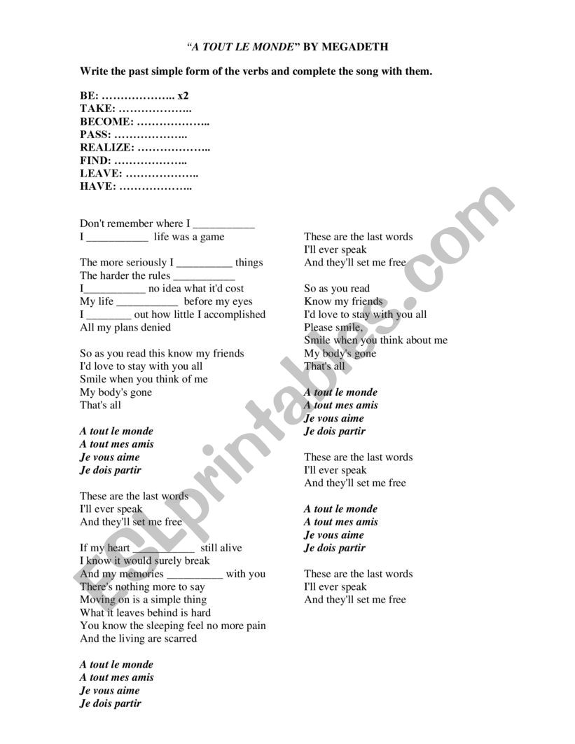 A Tout Le Monde - Megadeth worksheet