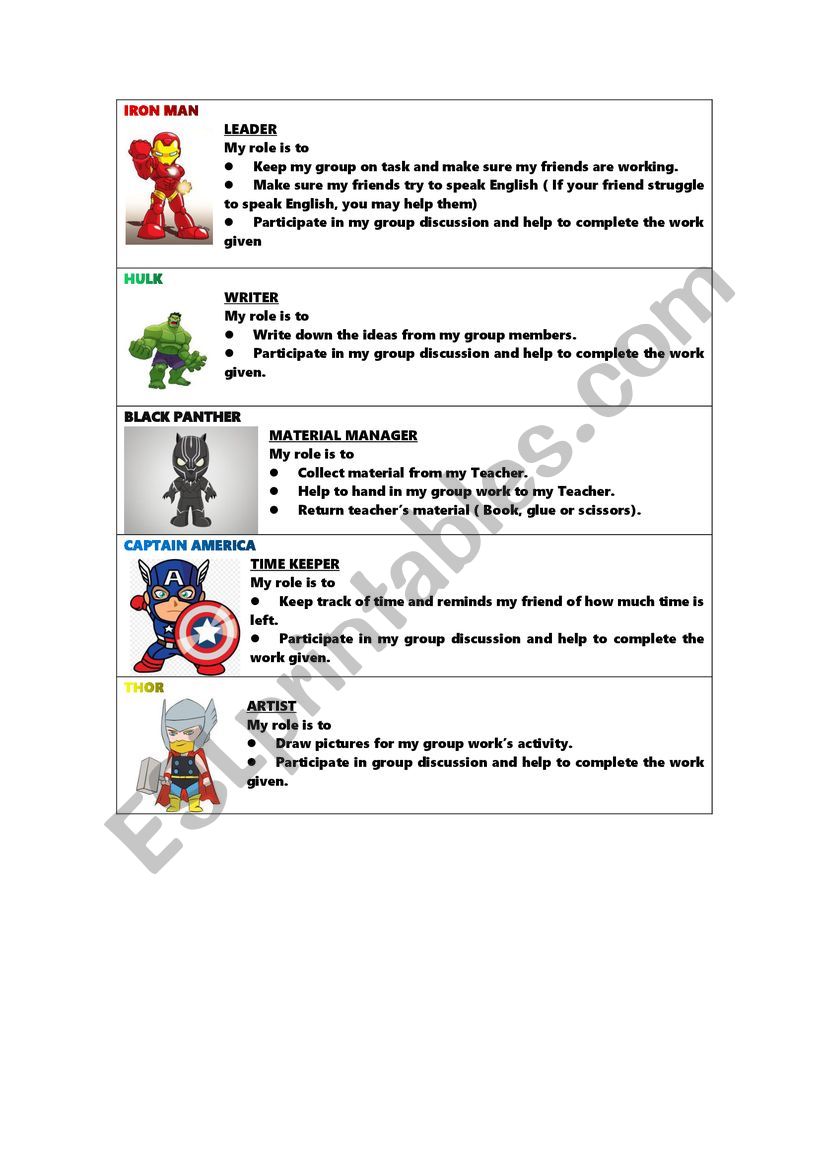Group Work Roles worksheet