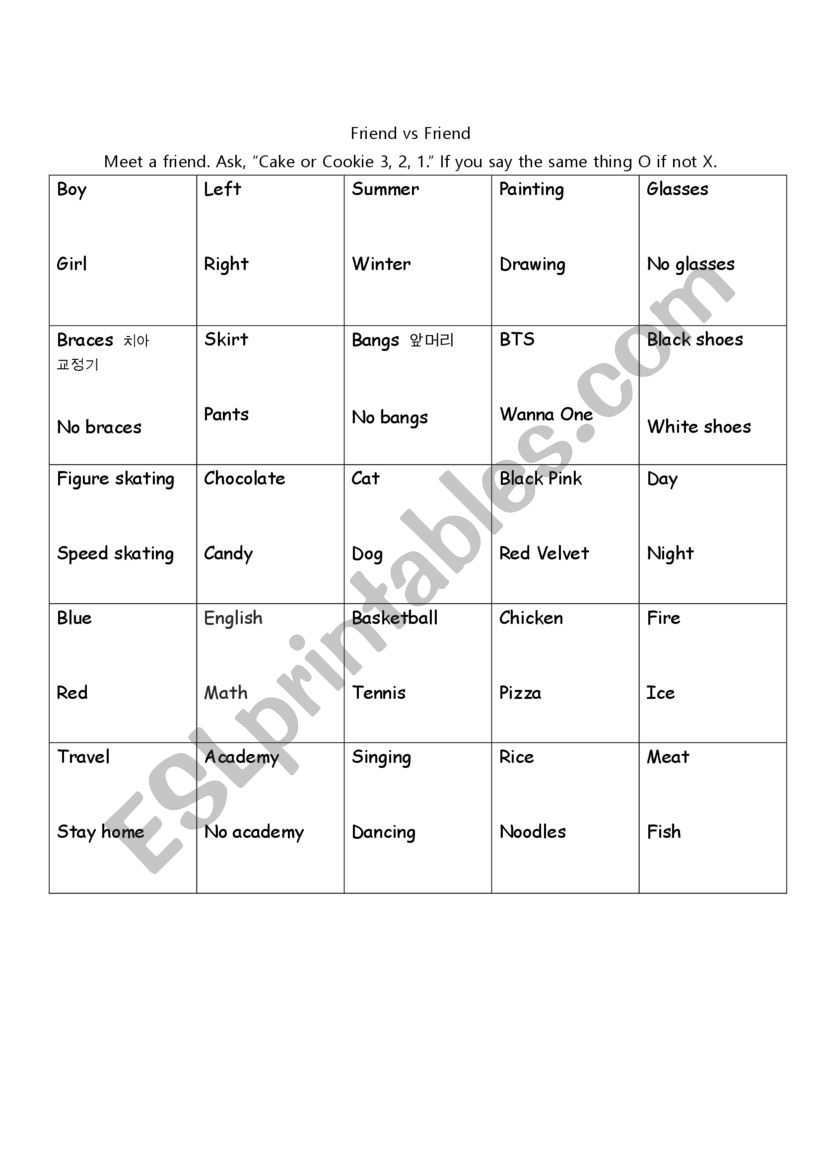 This vs That Bingo speaking Game