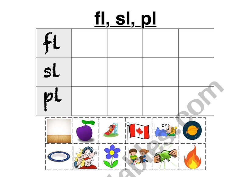 Phonics fl, pl, sl Matching Worksheet 