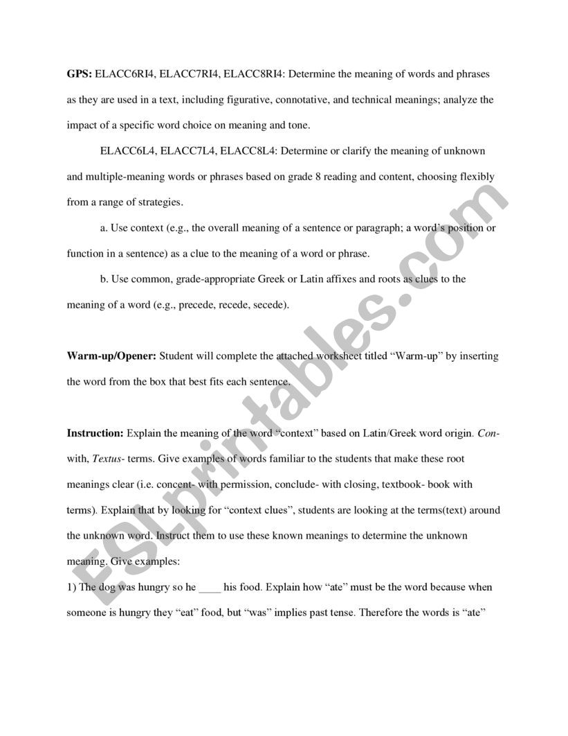 Context Clues worksheet