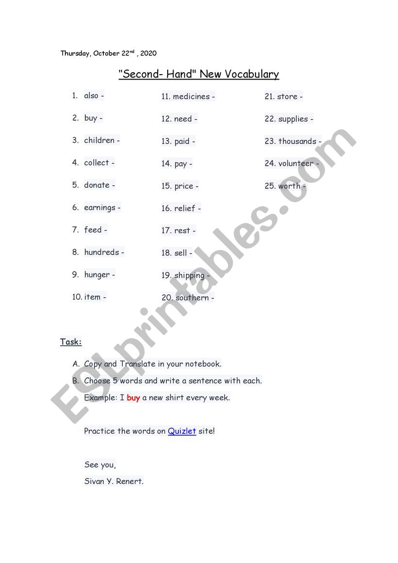 Second Hand Bagrut A worksheet