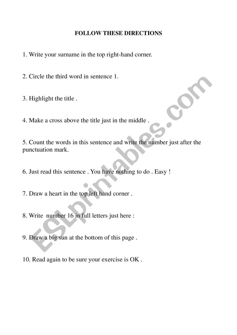 Follow these directions worksheet