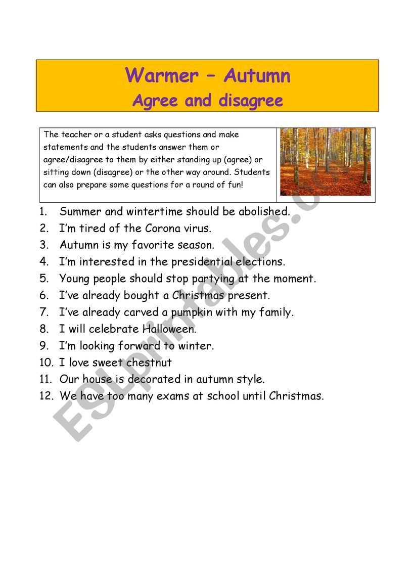 Warmer autumn agree disagree worksheet