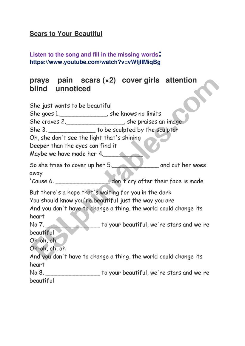 Scars to you beautiful (Song) worksheet