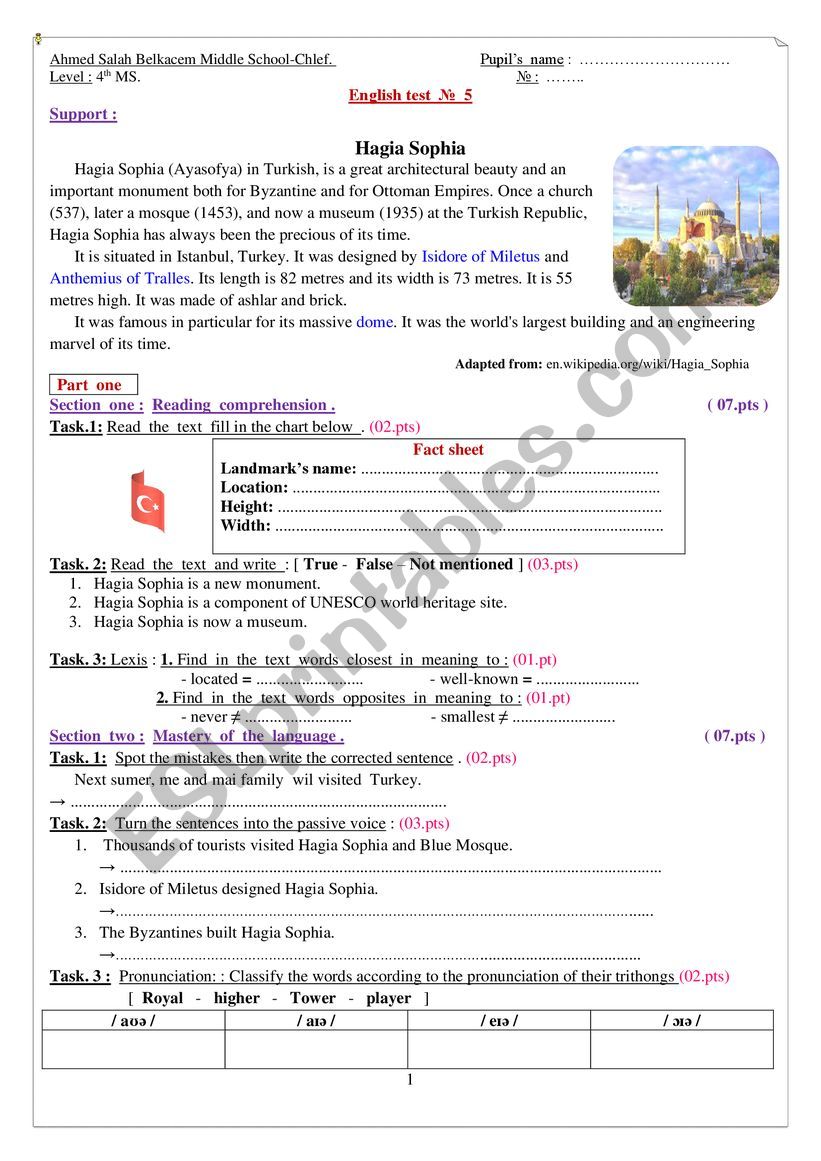 Hagia Sophia worksheet