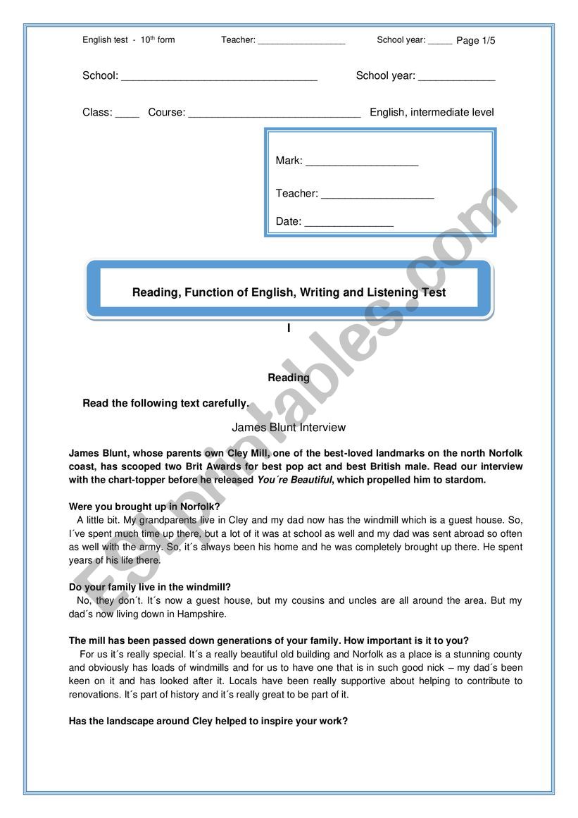 10th form English test worksheet