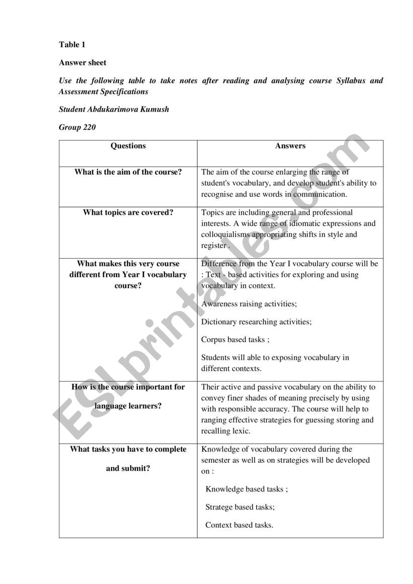 Vocabulary worksheet