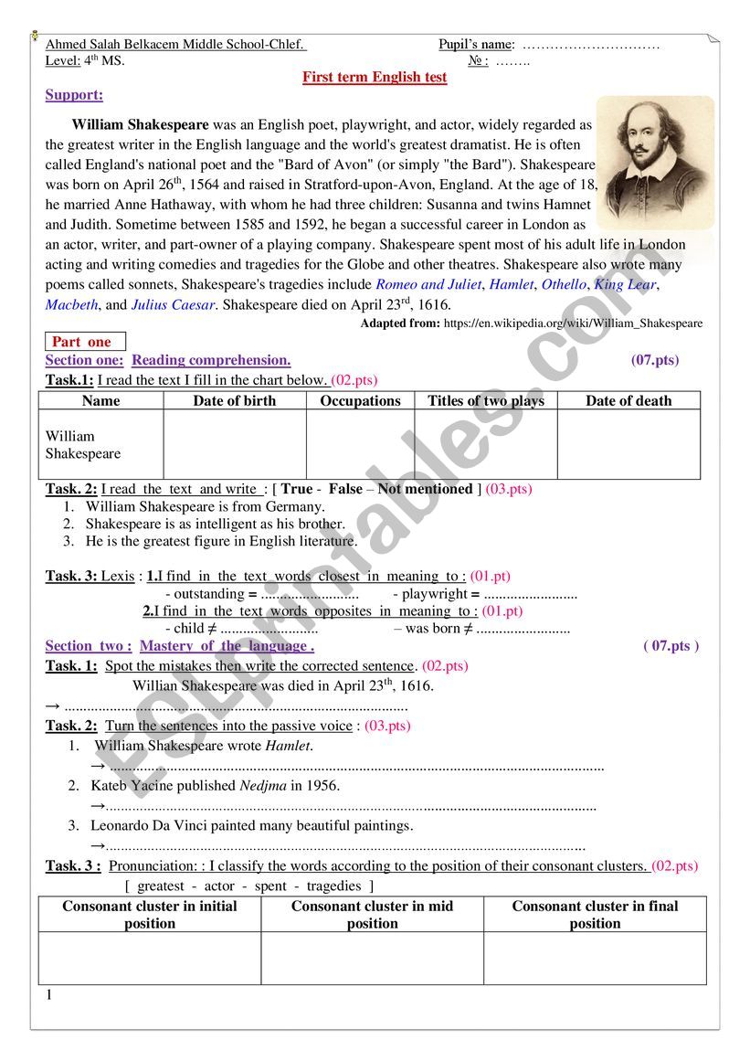 William Shakespeare  worksheet