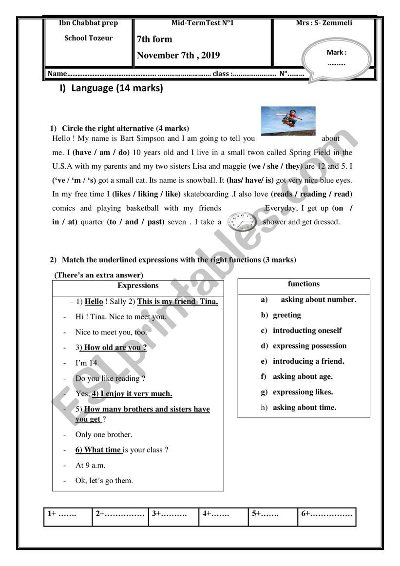 Mid - term test n 1 7th form worksheet