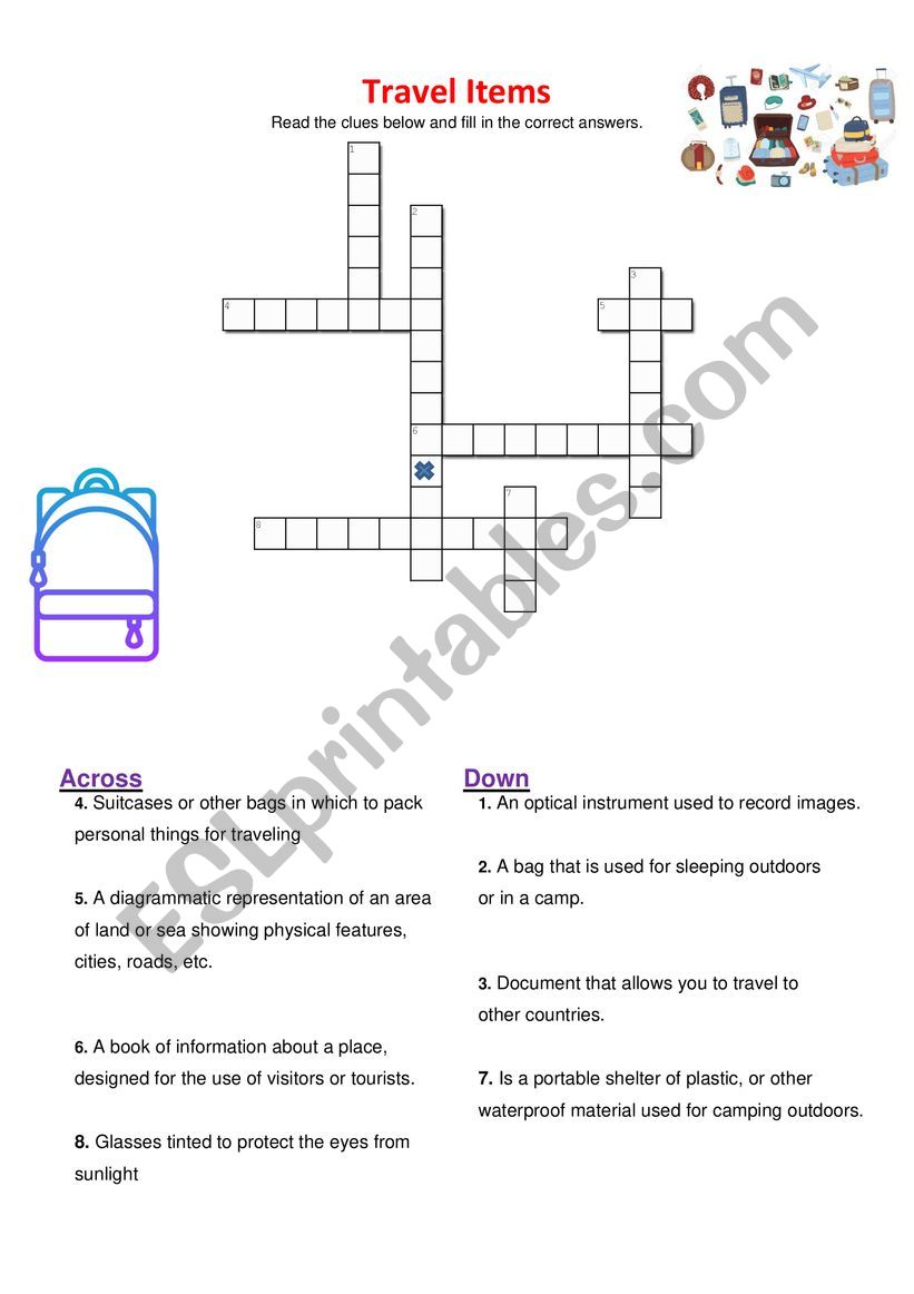 Crossword travel items worksheet