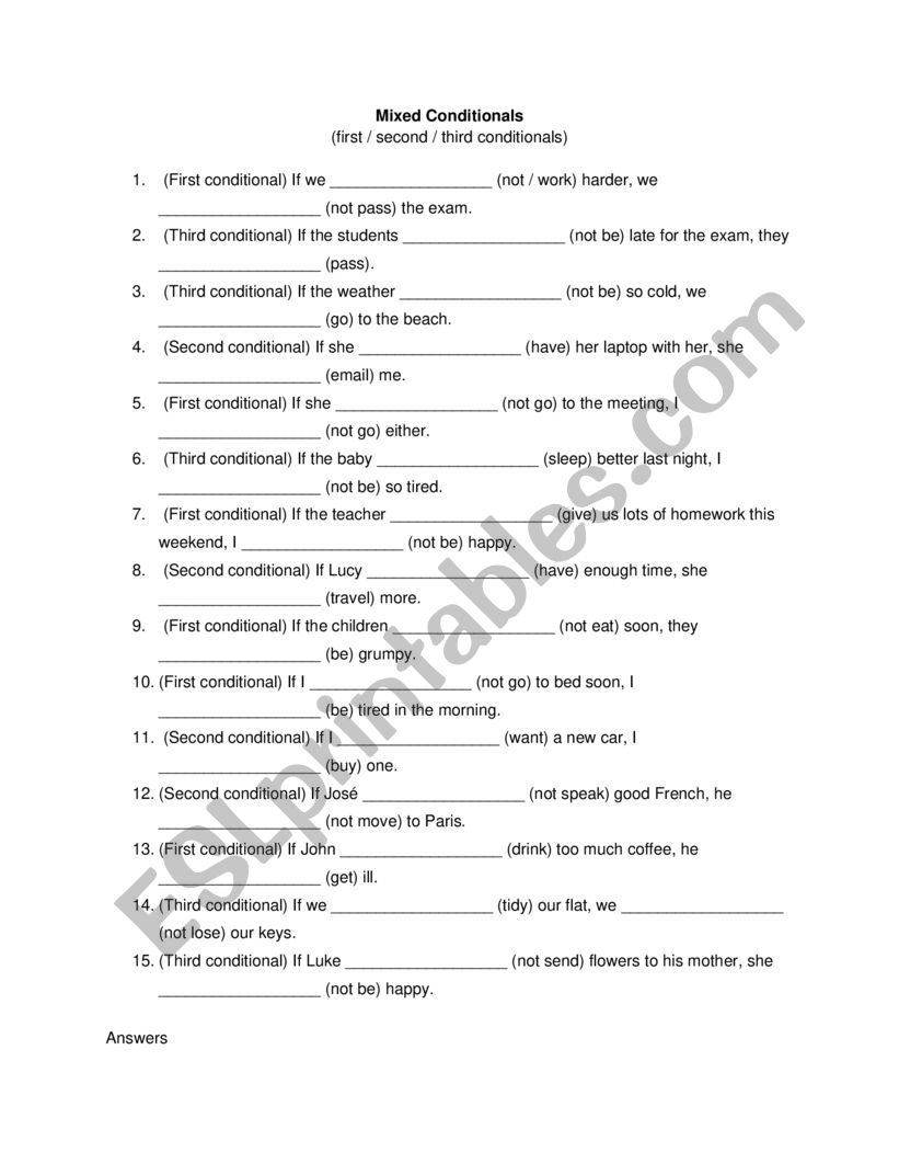 Mixed Conditional Statements worksheet Mixed Conditional Statements worksheet