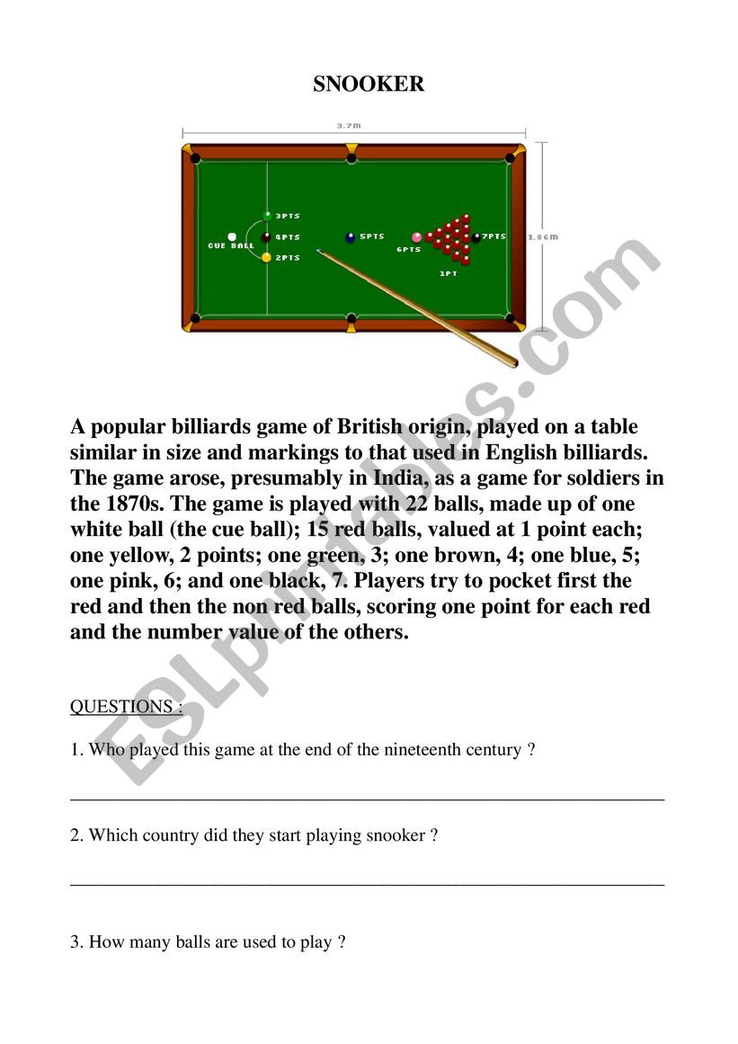 Snooker worksheet