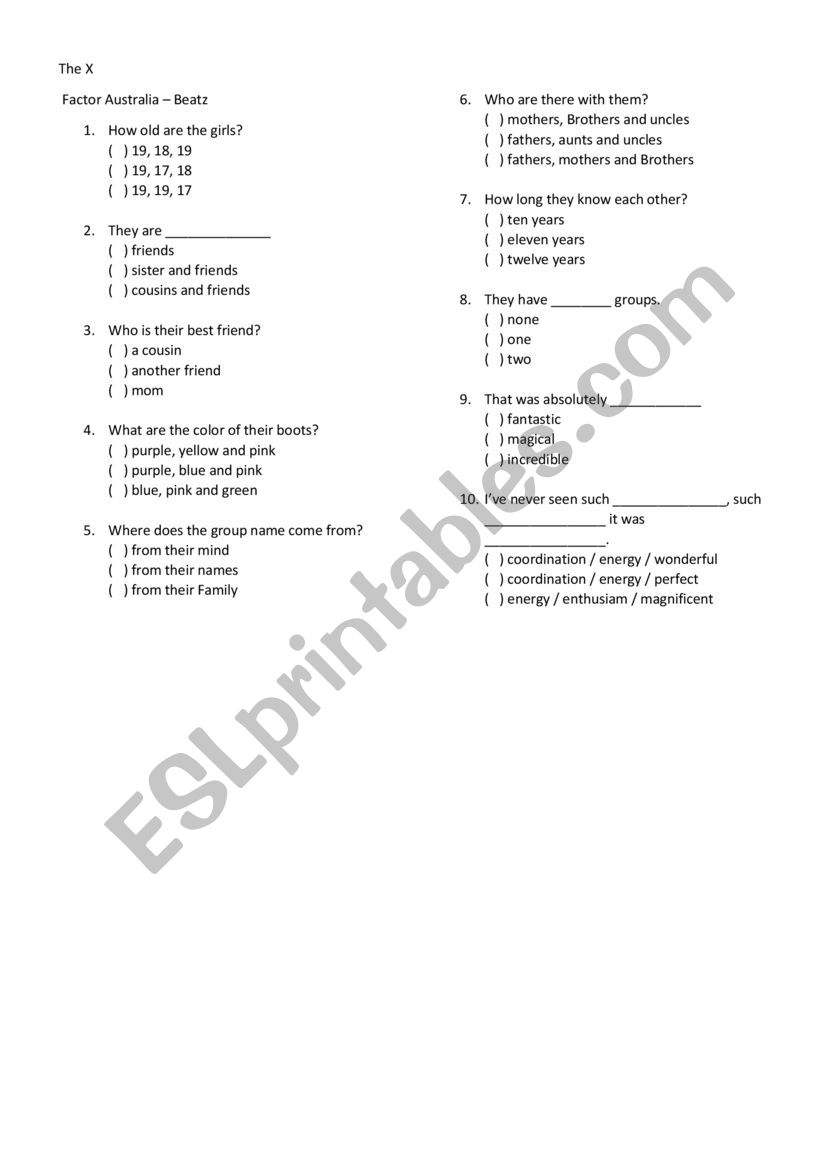 The X- Factor Australia worksheet