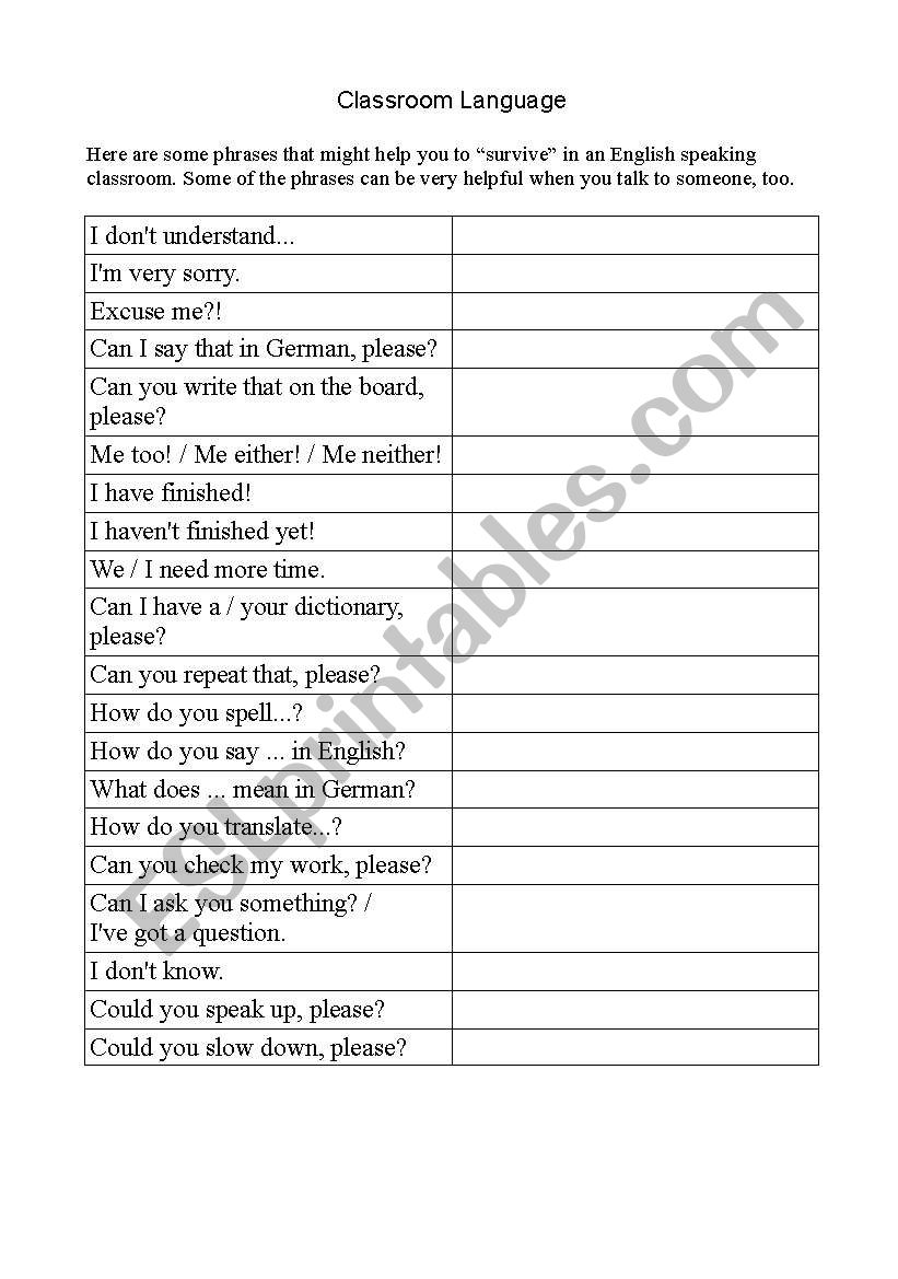 Vocab - Classroom Language worksheet
