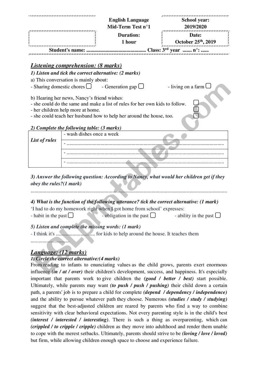 mid-term test n1 for 3rd form worksheet