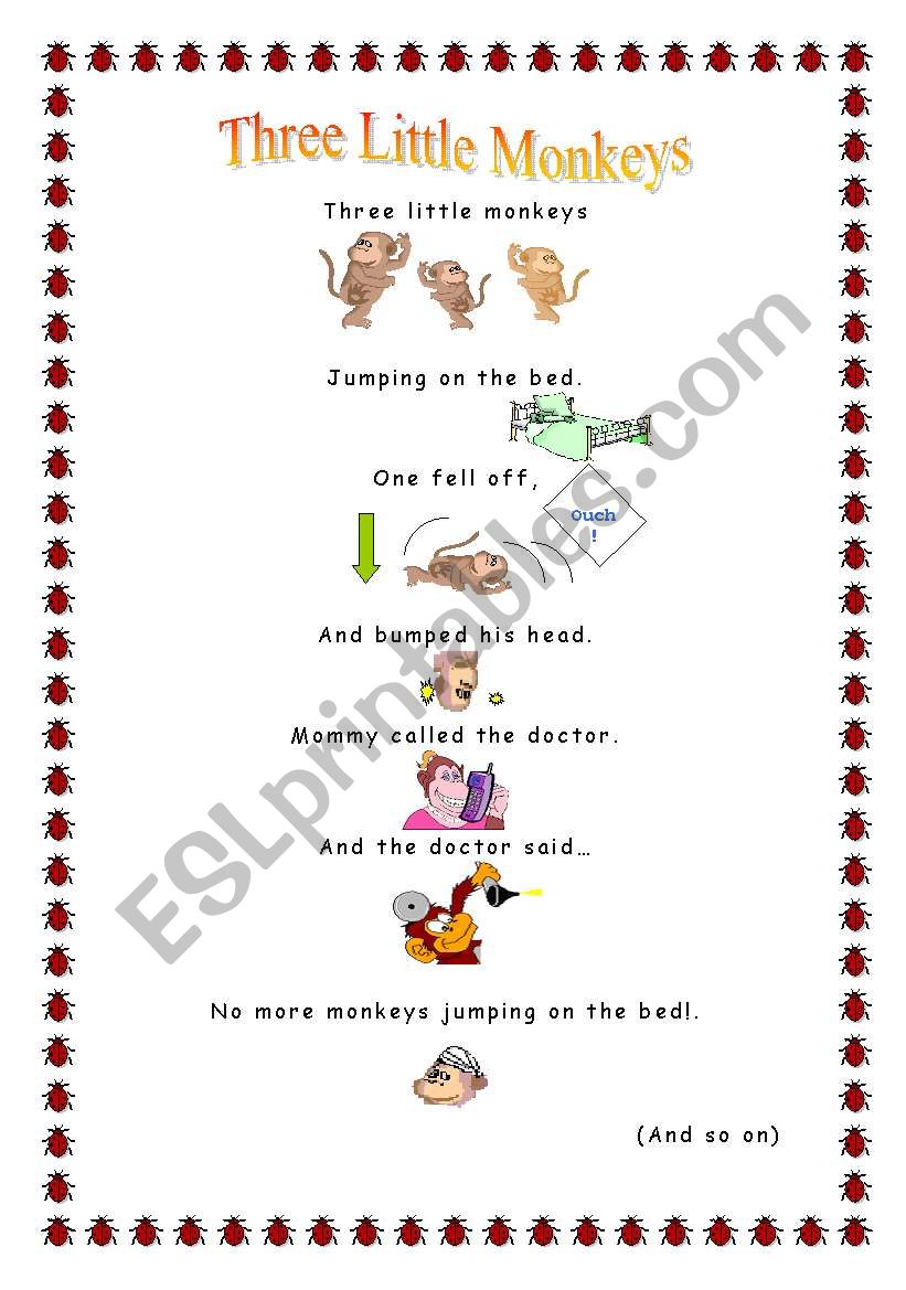 song : three little monkeys worksheet