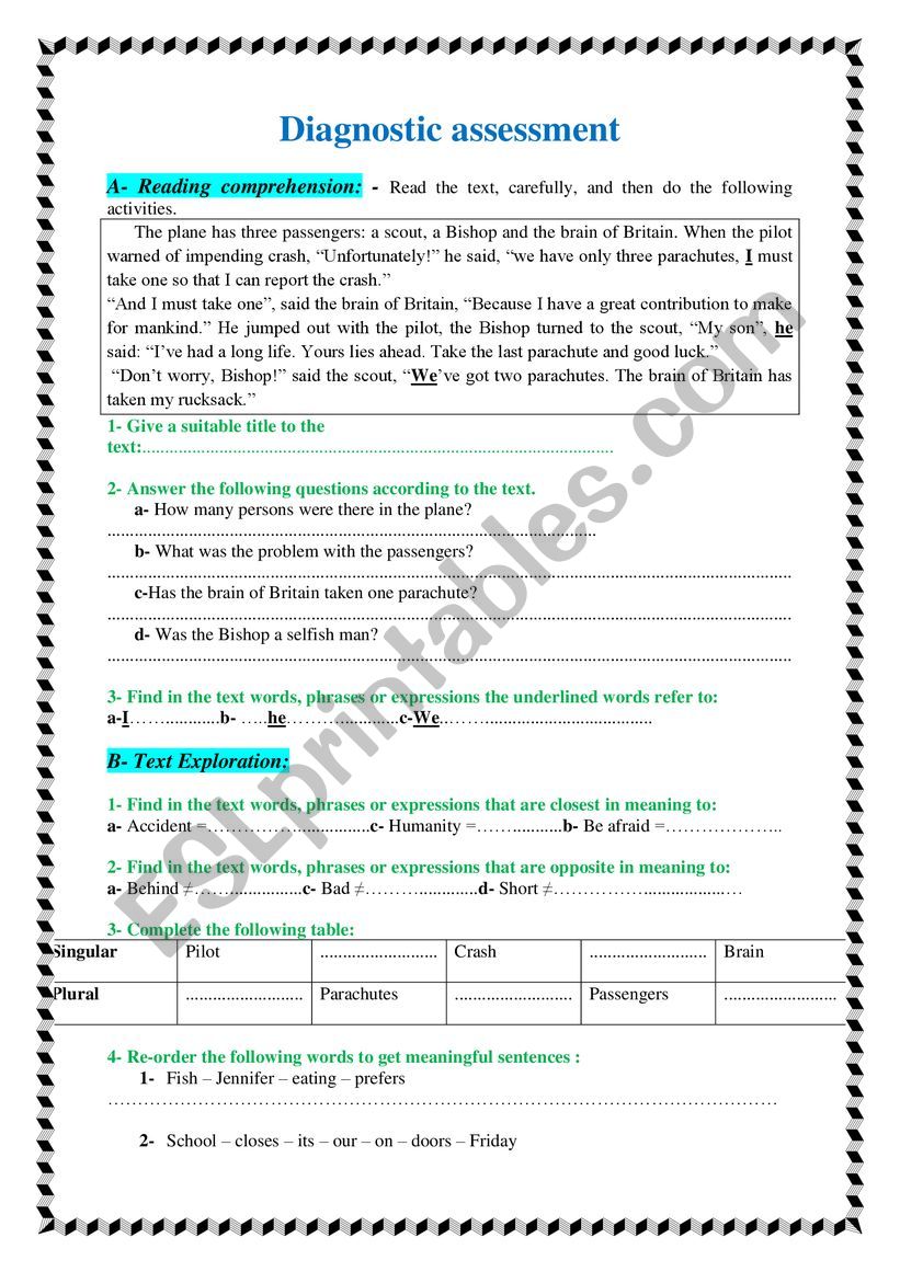 Diagnostic assessment worksheet