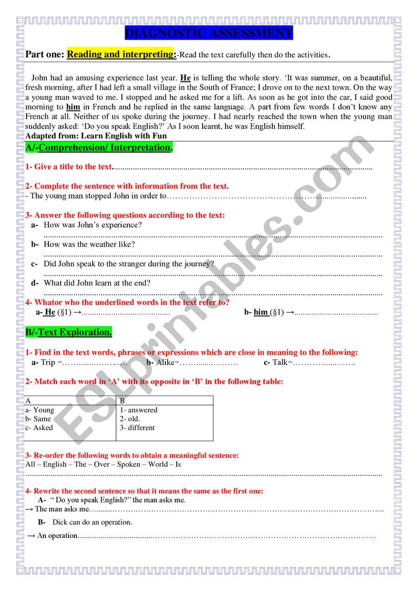 DIAGNOSTIC ASSESSMENT worksheet