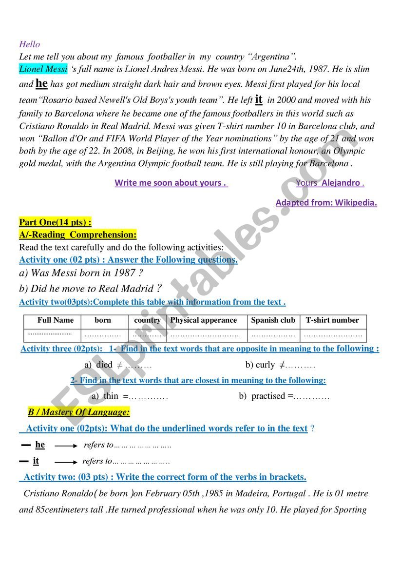 Lionel Messi  worksheet