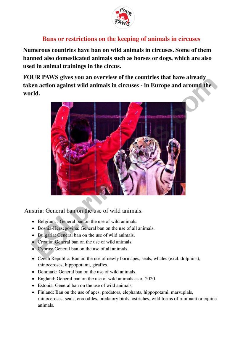 Banning animals in circuses worksheet