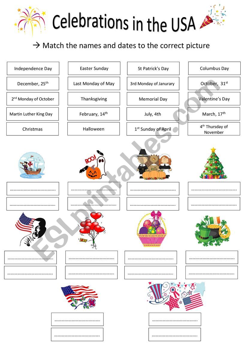 Celebrations in the USA worksheet