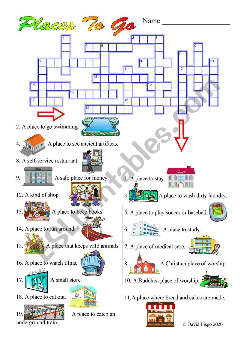 Places To Go Crossword Puzzle with key and additional activity. - ESL Place To Go Tubing Crossword