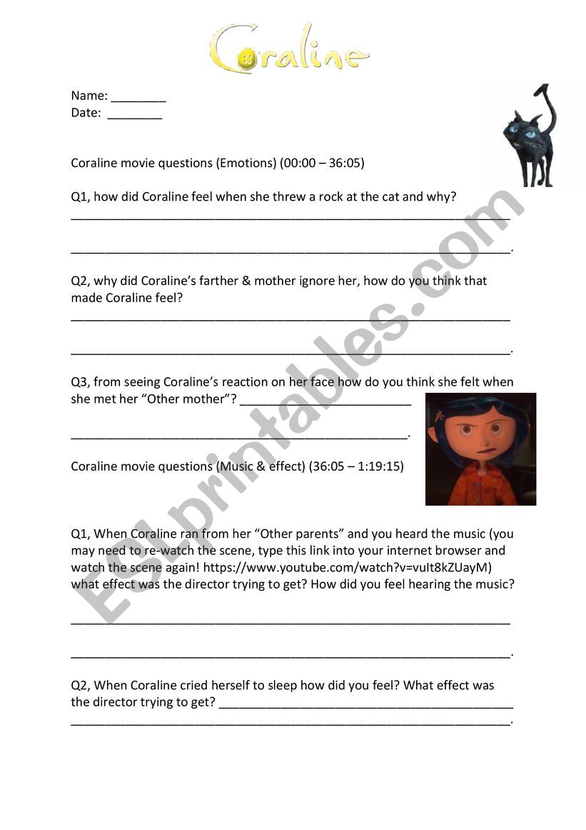 Coraline Worksheets For grade 5 (9,10 or 11 years of age)