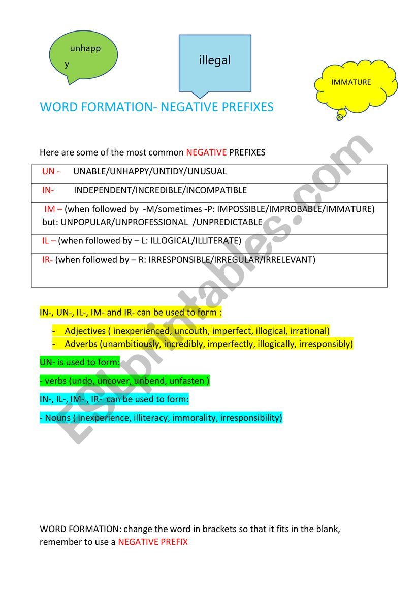 NEGATIVE PREFIXES  worksheet