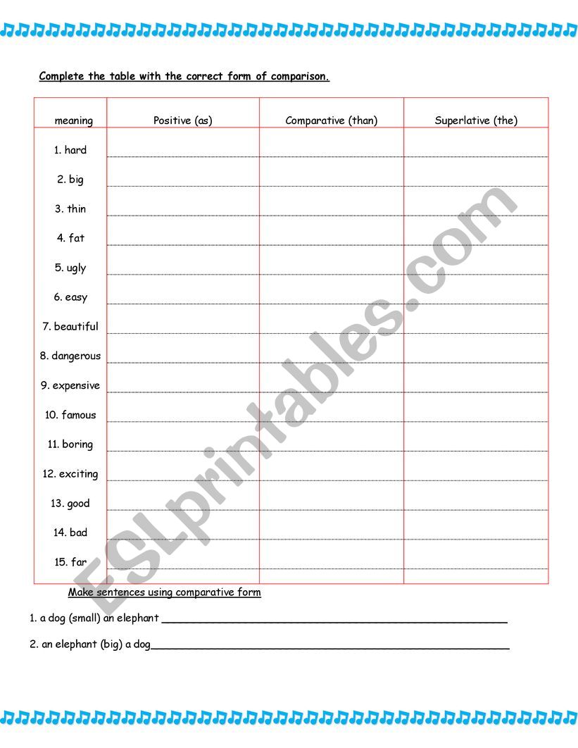 Comparison exercise worksheet