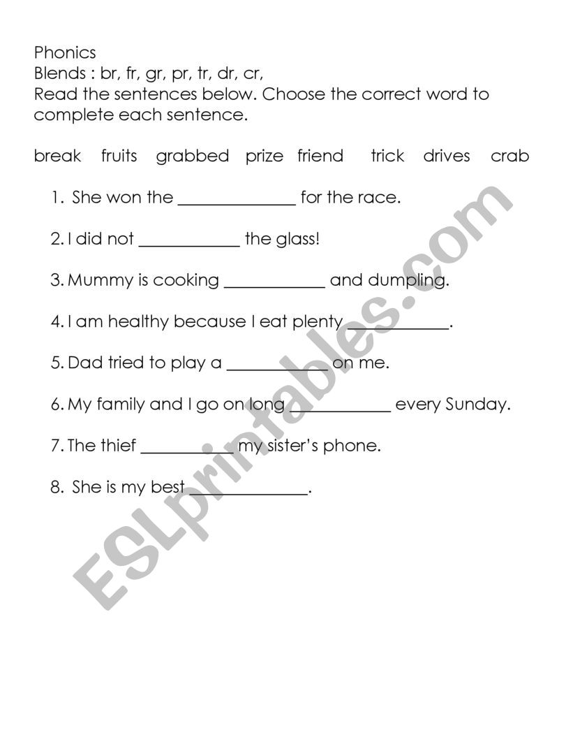 Phonics R Blends worksheet