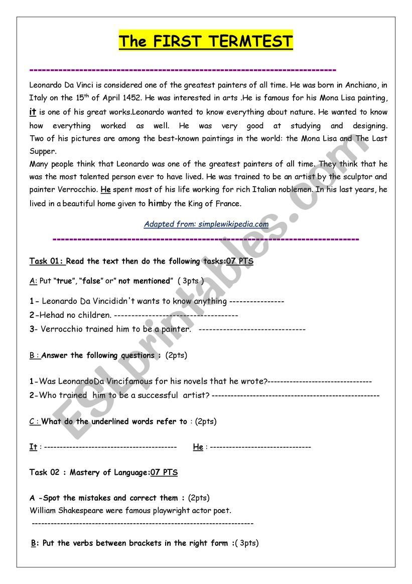 The FIRST TERMTEST worksheet