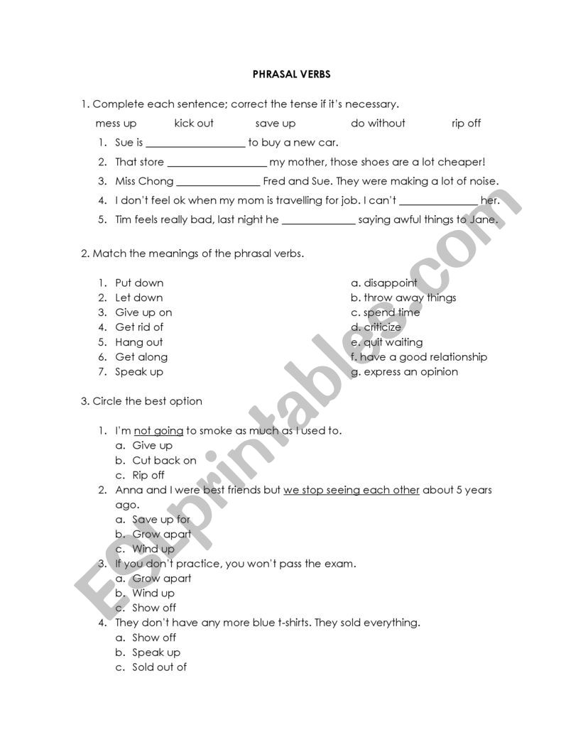 Phrasal verbs worksheet